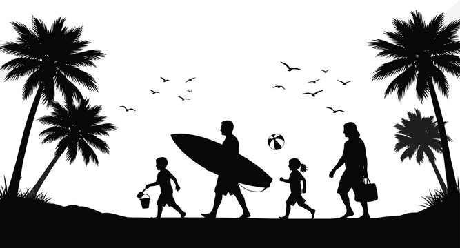 family silhouette walking on beach with palm trees and surfboard