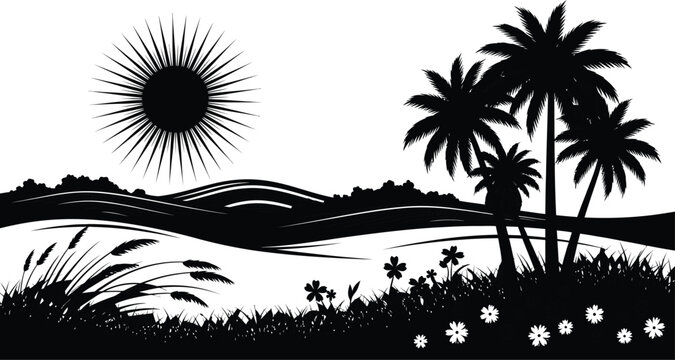 tropical landscape silhouette with palm trees and sun