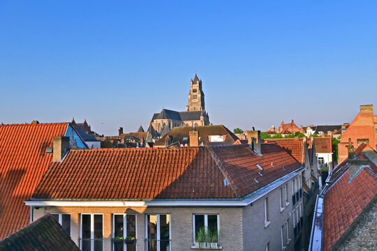 Bruges,  i tetti della citt&agrave; e la Cattedrale di San Salvatore (Sint-Salvatorskathedraal), Fiandre,  Belgio