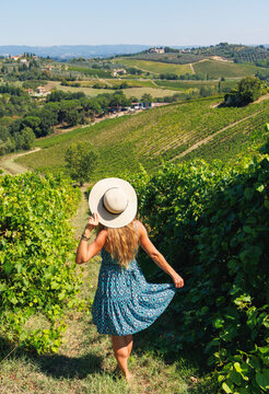 Authentic elegant female in blue dress and straw hat walking through sun-drenched vineyards in Chianti, Tuscany, Italy