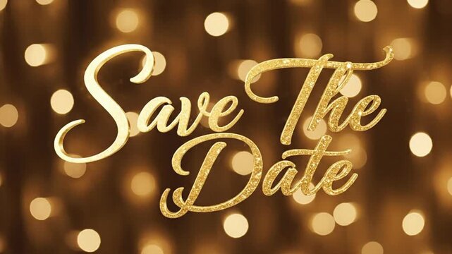 Save the date message with golden text and bokeh lights in the background