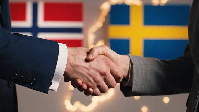 Nations handshake agreement represented by flags Norway Sweden collaboration.