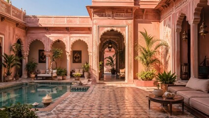 Obraz premium Pink palace courtyard with reflective pool and ornate arches in Rajasthan luxury hotel