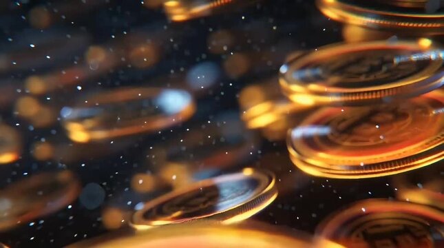 Golden bitcoins cascading and glittering in a bokeh-filled, atmospheric background, symbolizing digital currency