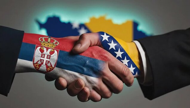 Serbian and bosnian flags painted on hands shaking against map outline.