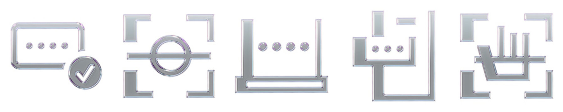 3D rendered hologram icon pack featuring good pincode, iris scan, laptop pasword, one time password, and palm scan. Authentication security and user identity verification. Modern.