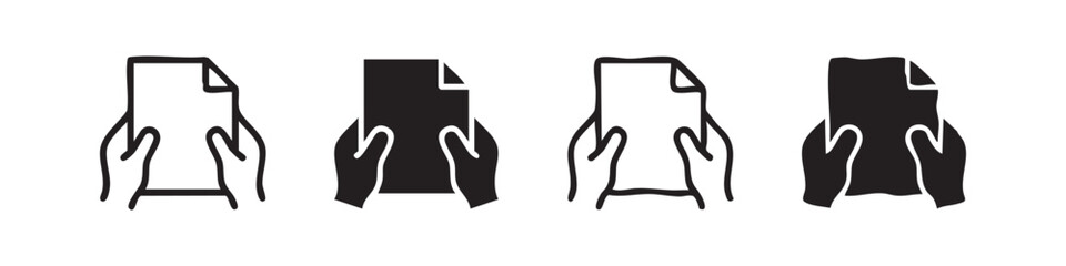 Obraz premium Four illustrated variations of hands holding a document icon, in black and white.