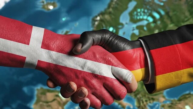 Denmark and Germany flags handshake in front of world map.
