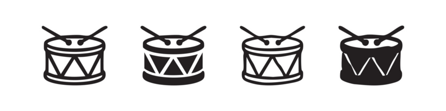 Set of four drum icons with drumsticks in line art and silhouette