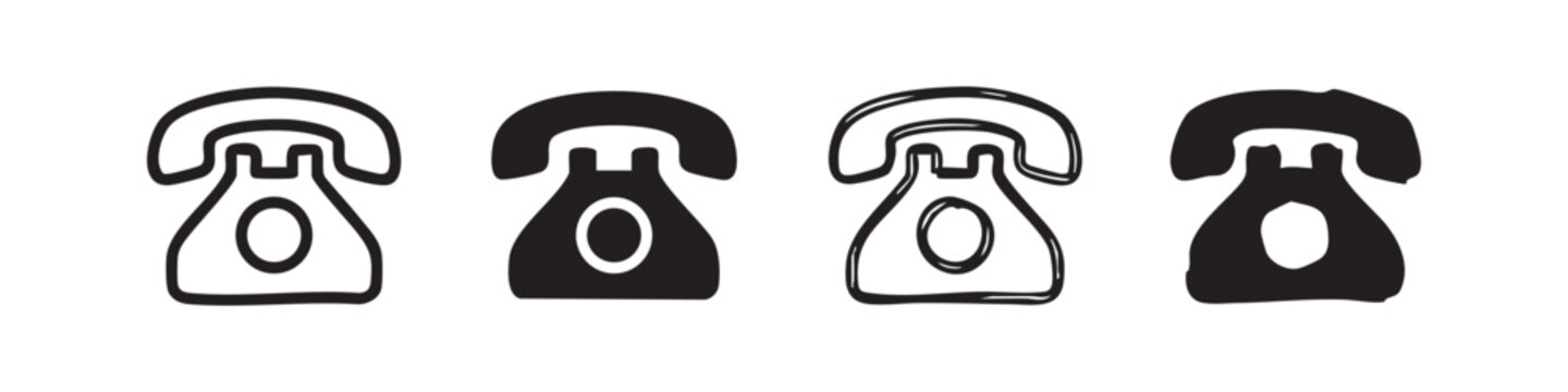 Set of four old telephone icons in line art and silhouette styles