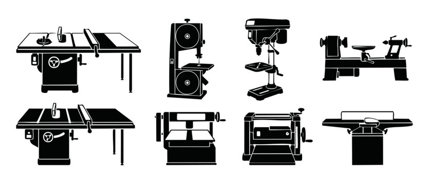 Woodworking Machinery Icons Set, Professional Carpentry Workshop Power Tools, Vector Illustrations of Saw, Drill, Lathe, and Planer Machines for Construction Design and Industrial Manufacturing Projec
