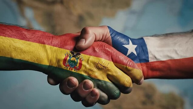 Bolivia and Chile flag painted hands handshake over map background 4k.