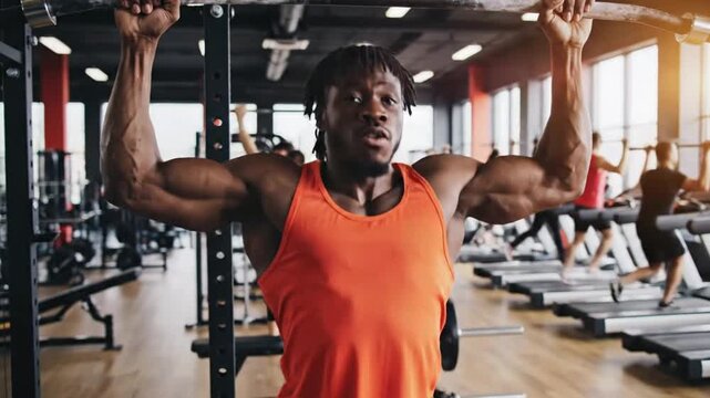 Young man performs pull-ups at gym during afternoon workout session for strength training and fitness