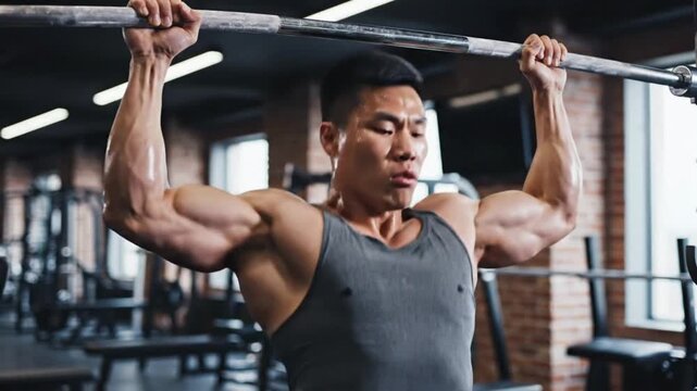 Young man performs pull-ups at gym to build strength and endurance