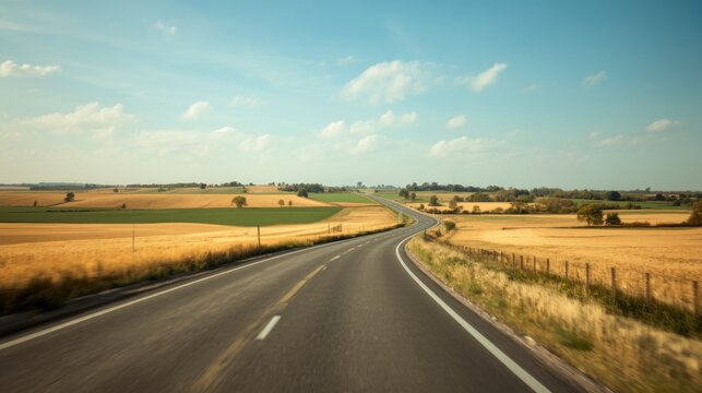 Sunny rural highway with subtle curvature through golden fields and green pastures under blue sky