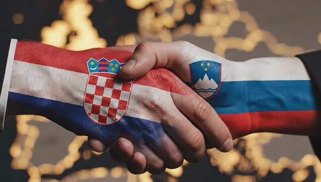 Croatia and Slovenia flags handshake close up for diplomatic agreement.