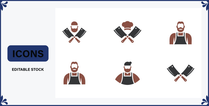 Flat design icons of butcher and crossed cleaver knives on white background  editable stock