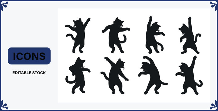 Set of eight black cat silhouettes in various dancing poses on white background  editable stock icons