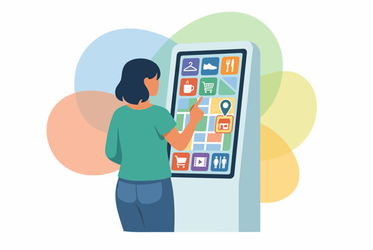 Woman using modern self service digital kiosk in public space