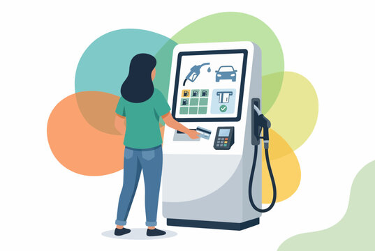 Woman Paying at Modern Self Service Gas Station Kiosk