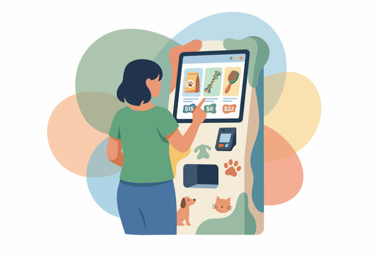 Woman Using Modern Self Service Kiosk in Pet Store