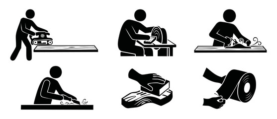 Woodworking process icons set, carpentry tools and manual craft, sanding and planing woodwork actions, flat vector illustration of professional carpenter tasks for workshop manual or construction indu © Fernando