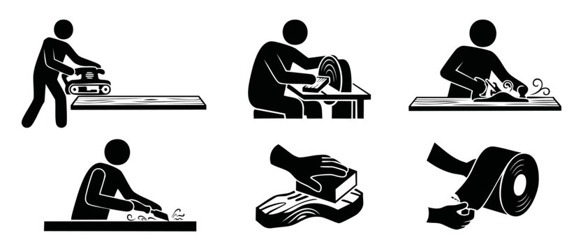 Woodworking process icons set, carpentry tools and manual craft, sanding and planing woodwork actions, flat vector illustration of professional carpenter tasks for workshop manual or construction indu