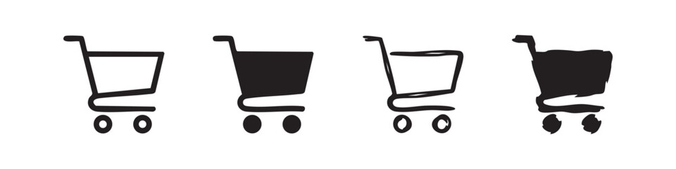 Set of 4 shopping cart icons: outline, solid black, hand-drawn outline, and hand-drawn solid © liubomir118809