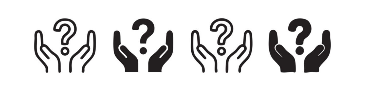 Set of 4 hands holding question mark icons: outline, solid black, hand-drawn outline, and hand-drawn solid