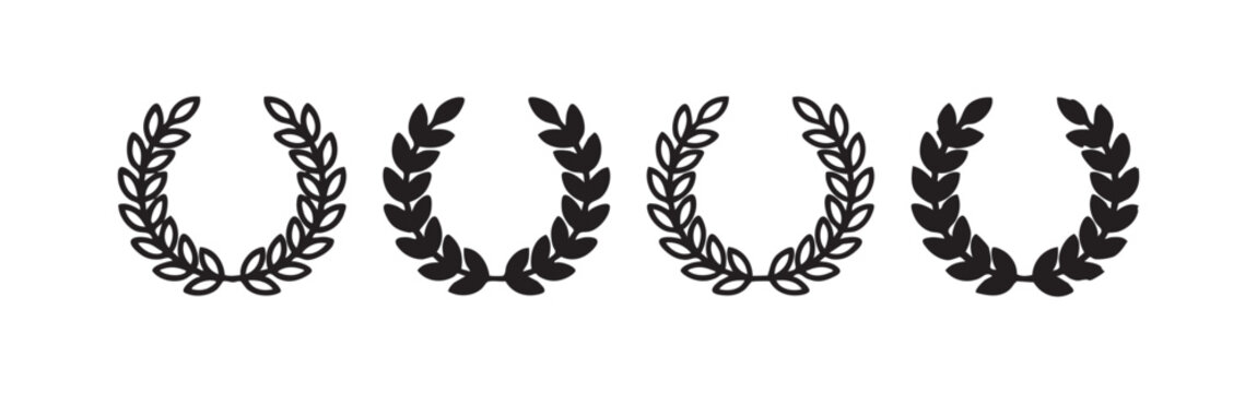 Set of 4 laurel wreath icons: outline, solid black, hand-drawn outline, and hand-drawn solid