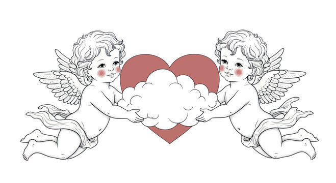 Two Cherubs Holding Cloud with Heart Background - Love Symbol