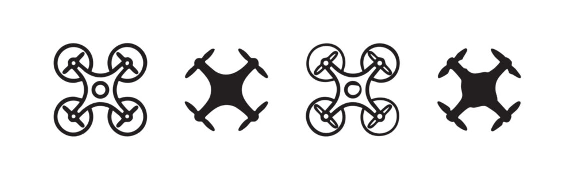 Drone quadcopter icon set, outline and filled versions
