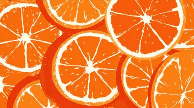 Seamless all over pattern of tightly packed orange fruit slices, simple graphic style with white radial segment lines and narrow white peel edges, overlapping slices on solid orange background