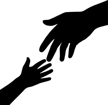 Black Silhouette of Adult and Child Hands Reaching for Each Other Concept of Support Help and Protection Isolated on White Background