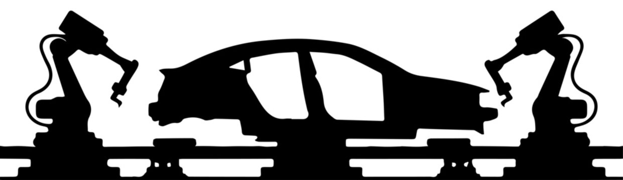 Black Silhouette of Car Assembly Line with Robotic Arms and Vehicle Body on Factory Conveyor Belt Vector Illustration