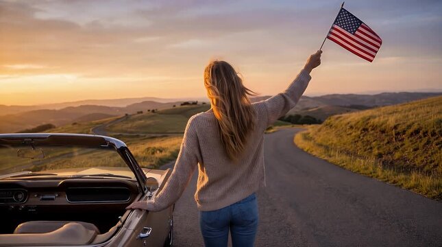 Young woman holding American flag by car on open road symbolizing freedom and travel adventure.