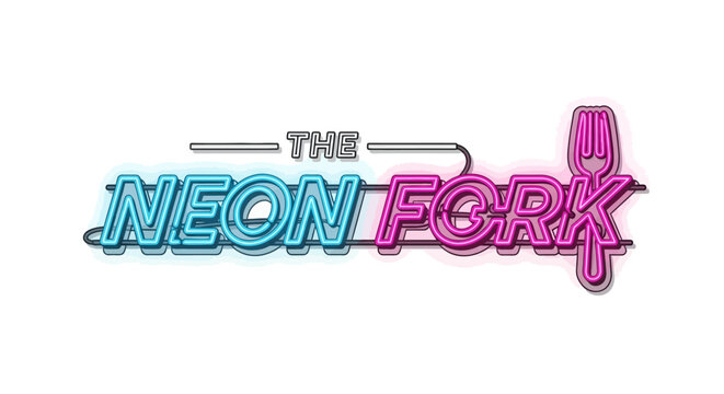 Neon fork logo with text.