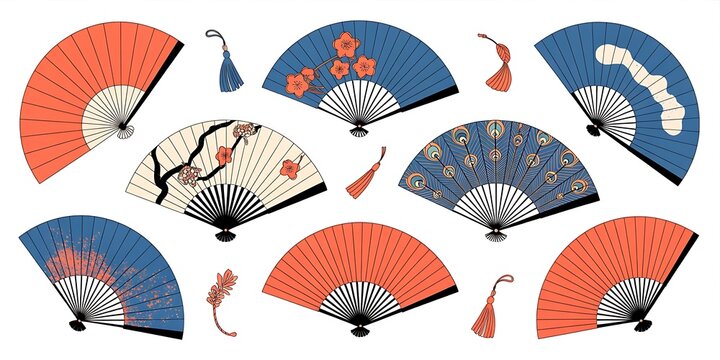 Elegant collection of traditional Asian paper fans and decorative umbrella in flat lay composition