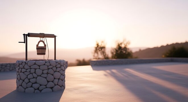 Stone wishing well with wooden bucket during golden hour sunset