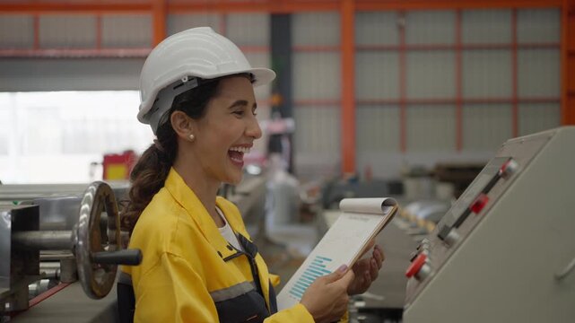 Female engineer wearing safety helmet using laptop computer while working in manufacturing factory environment.