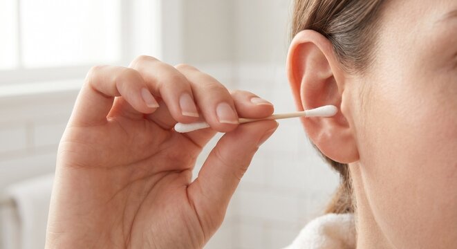 Caucasian woman holding white cotton swab near her ear in the bathroom