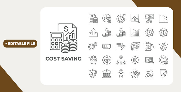 Cost Saving icon set. Containing saving, budget, cost, efficiency, reduction, expense, planning, spending, investment, and more. Outline icons collection. Editable stroke. Vector illustration