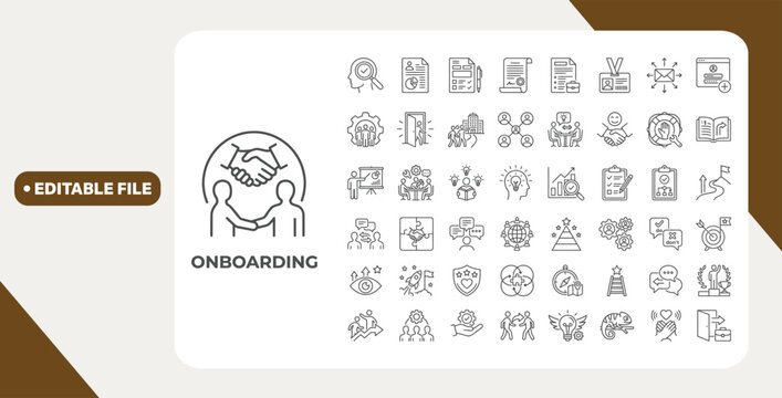 onboarding icon set. Contain icons related to Employee, Human Resources, welcome, training, learn, orient, team, process, support, Company, and more. Editable stroke. Vector Illustration