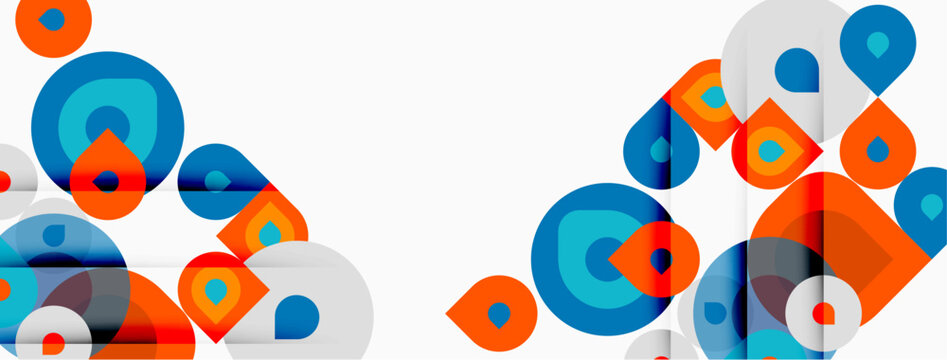 Abstract geometric shapes overlap, creating vibrant colorful pattern. Circles, squares, rectangles dominate composition. Modern design.