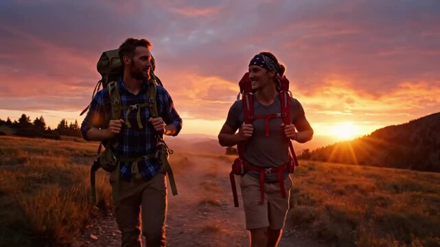 Two backpackers walk along a dirt path at sunset in the mountains