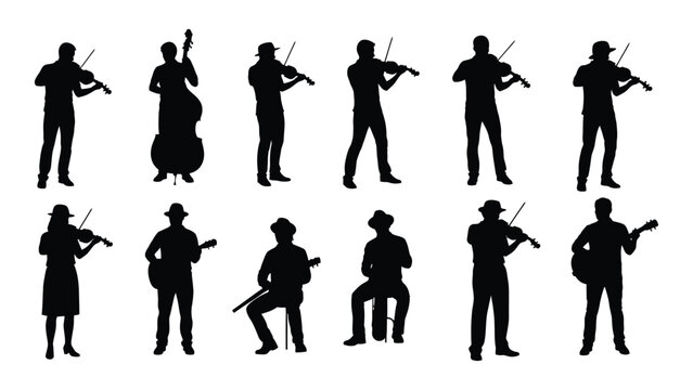 silhouette collection of musicians playing string instruments including violins double bass and guitar on a white background high quality professional detailed