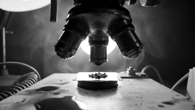 Black and white close up of microscope lens over a sample on a lab table surrounded by smoke
