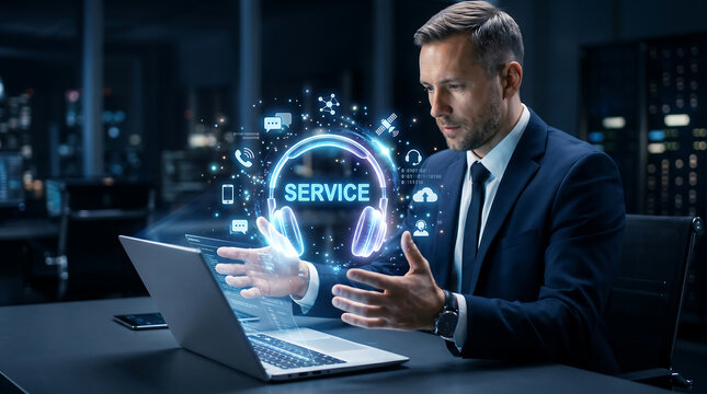 Digital service and support a businessman interacting with futuristic technology