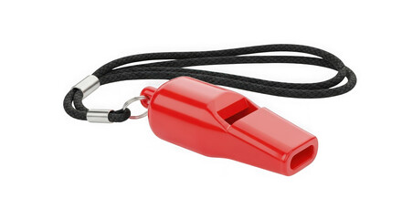 Fototapeta premium Bright red sports whistle attached to a black lanyard for outdoor activities and safety