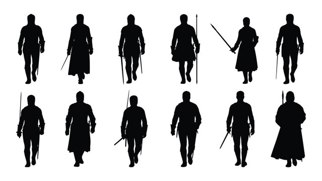 silhouette collection of medieval warriors with swords and spears on a white background high quality professional detailed modern elegant stylish clean